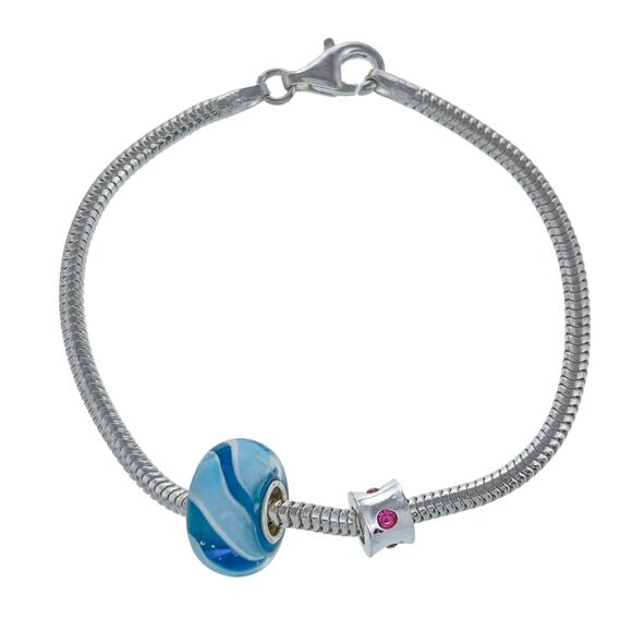 Vintage Italy IBB Sterling Silver 925 Blue Glass Pink Charm Bracelet 7.5" - Picture 2 of 7